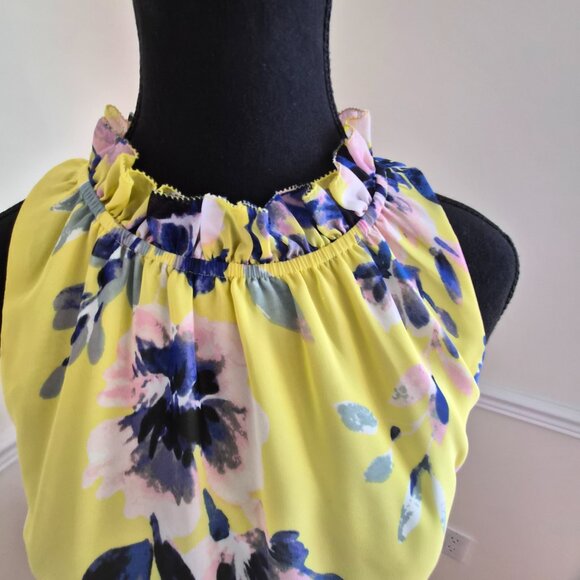 Eliza J Yellow Chiffon Dress with Blue Floral Print, Size 6 - Picture 6 of 9